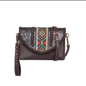Montana West Genuine Leather Tooled Collection Boho Western Crossbody/Wristlet